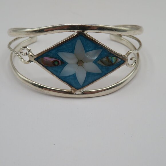Vintage Alpaca Mexico Mother of Pearl Abalone Inlay Silver Cuff Bracelet - Picture 5 of 7